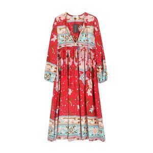 R. Vivimos 2XL Boho Midi Dress Red Long Sleeve Tassel Keyhole NWT